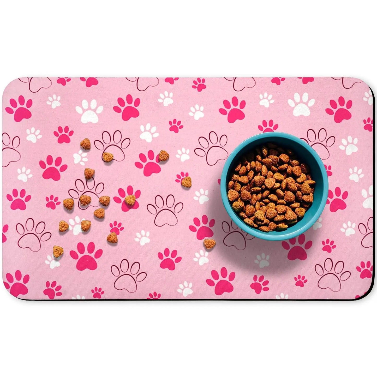 Quick Drying Absorbent Pet Feeding Mat with Paws for Dogs and Cats, Non-Slip Rubber Bottom, Dark Polyester Surface for Indoor Use