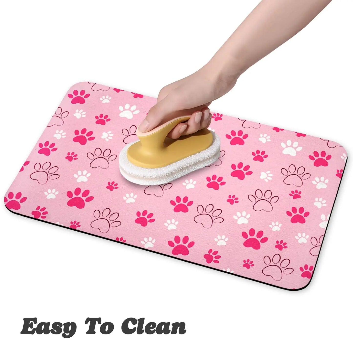Quick Drying Absorbent Pet Feeding Mat with Paws for Dogs and Cats, Non-Slip Rubber Bottom, Dark Polyester Surface for Indoor Use