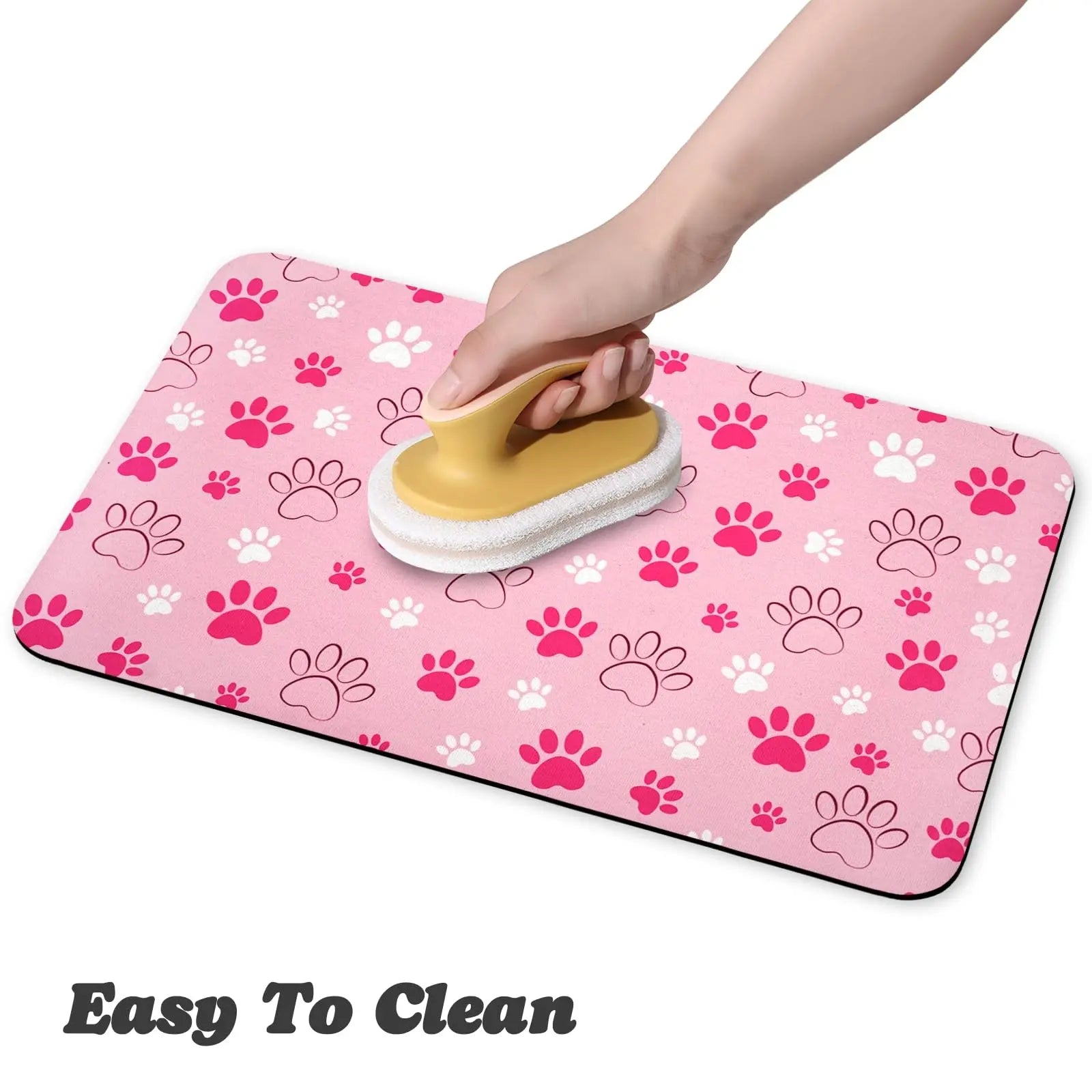 Quick Drying Absorbent Pet Feeding Mat with Paws for Dogs and Cats, Non-Slip Rubber Bottom, Dark Polyester Surface for Indoor Use