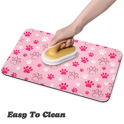Quick Drying Absorbent Pet Feeding Mat with Paws for Dogs and Cats, Non-Slip Rubber Bottom, Dark Polyester Surface for Indoor Use