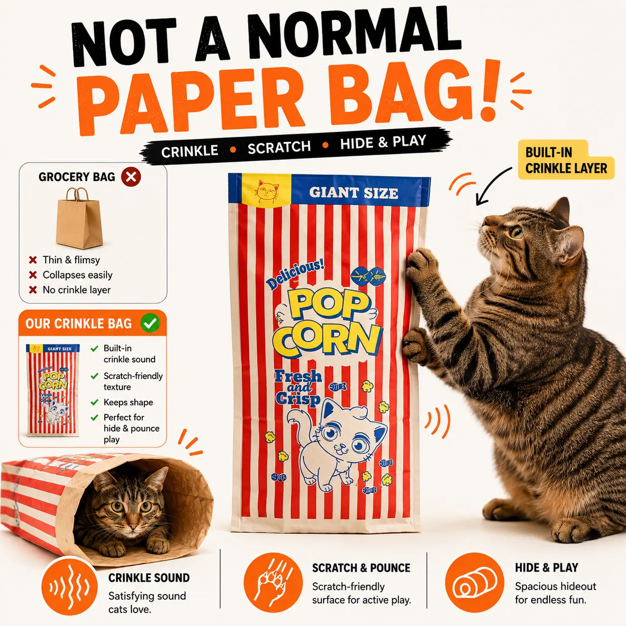 Upgrade Cat Crinkle Bag Toy Giant Paper Bag Tunnel for Indoor Cats, Collapsible 29.5 X 13.8 Inch Interactive Hideaway with Crinkle Sound for Kittens, Rabbits, Ferrets