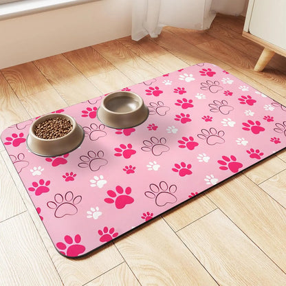 Quick Drying Absorbent Pet Feeding Mat with Paws for Dogs and Cats, Non-Slip Rubber Bottom, Dark Polyester Surface for Indoor Use