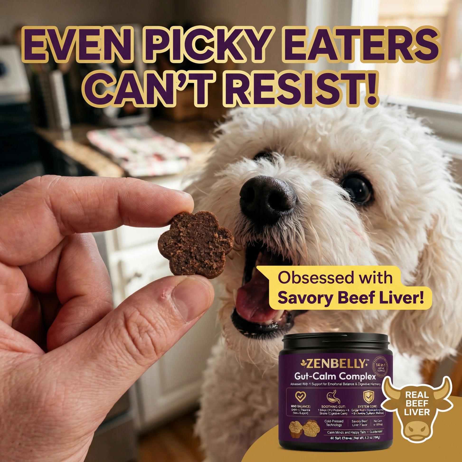 [Buy 1 Get 5 FREE Chews] ZENBELLY Dog Gut-Calm Complex, 14-In-1 Advanced Probiotics & Calming Soft Chews for Separation Anxiety, Stress Relief & Digestive Support, Savory Beef Liver Flavor, 60 Chews Outdoorfun