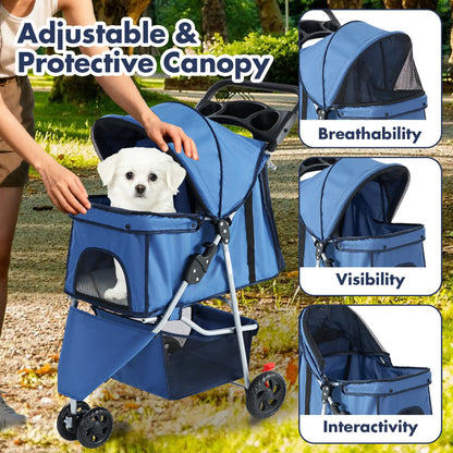 Sweetcrispy 3-Wheel Pet Stroller Dog and Cat Stroller Breathable Mesh Lightweight Travel Carrier Waterproof & Foldable Design Storage Basket Black for Daily Walks & Outdoor Use