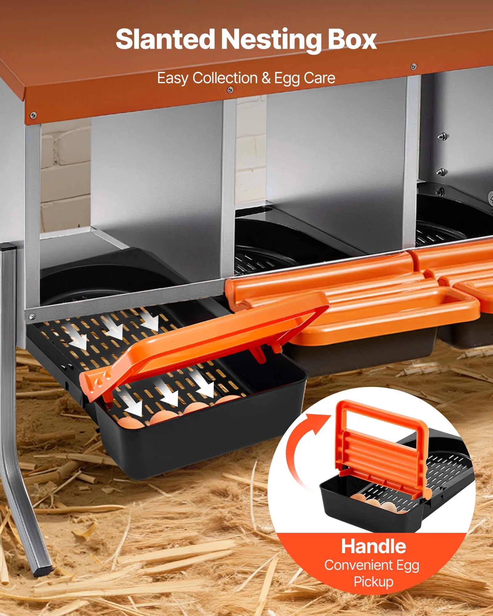 【Summervibes】Vevor Chicken Nesting Boxes, 4 Compartments, with Support Legs, Easy Egg Collection, Galvanized Steel and High-Strength Plastic, Roll Away Nesting Boxes for Chickens and Hens Laying Eggs, Orange