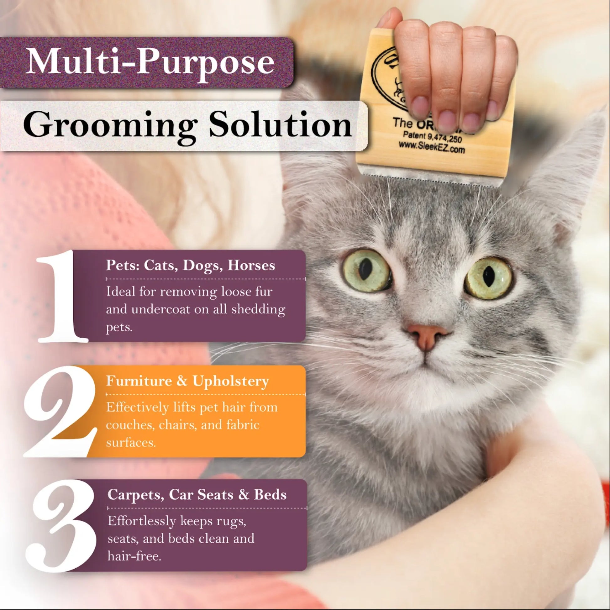 Sleekez Cat Brush for Shedding & Grooming, Wooden Handle & Stainless Steel Blade, Pet Brush for Indoor Cats, 2.5 Inches Long Groomer Tools Fur Removal Tool