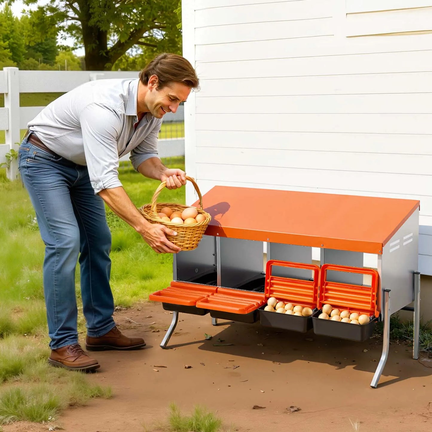【Summervibes】Vevor Chicken Nesting Boxes, 4 Compartments, with Support Legs, Easy Egg Collection, Galvanized Steel and High-Strength Plastic, Roll Away Nesting Boxes for Chickens and Hens Laying Eggs, Orange