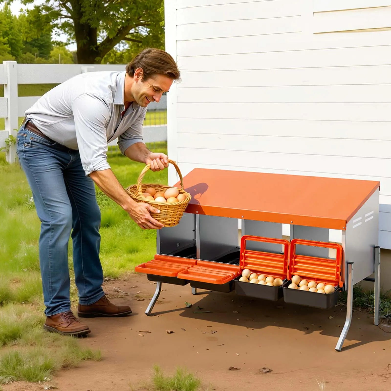 【Summervibes】Vevor Chicken Nesting Boxes, 4 Compartments, with Support Legs, Easy Egg Collection, Galvanized Steel and High-Strength Plastic, Roll Away Nesting Boxes for Chickens and Hens Laying Eggs, Orange