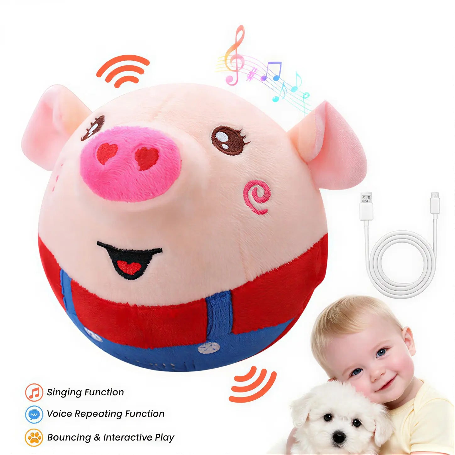 Cute Sensory Pig-Shaped Interactive Dog Toy, Rechargeable Jumping Squeaky Chew Toy with Recording & Music Modes, Moving Pet Supply for Play Engagement with All Dog Sizes