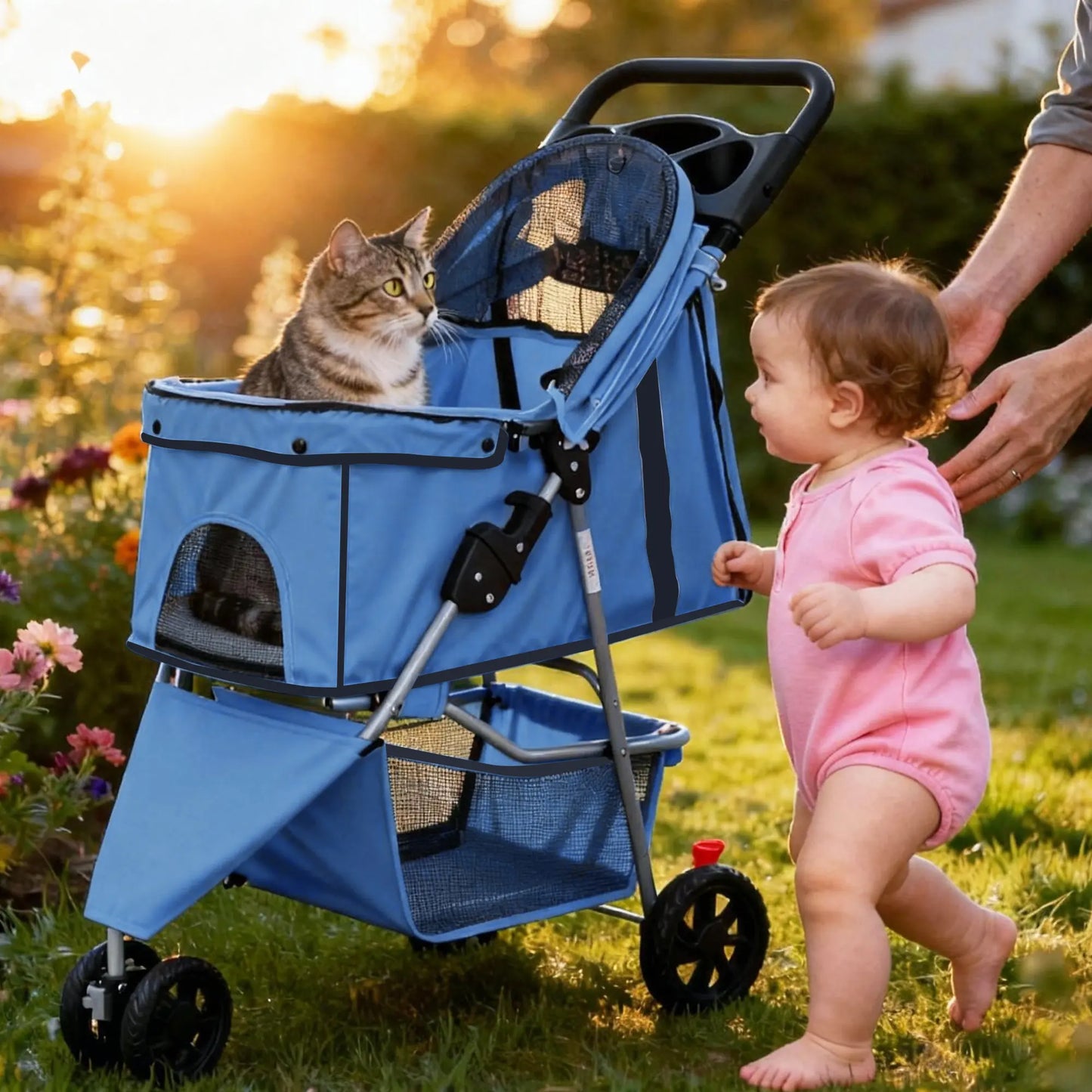 Sweetcrispy 3-Wheel Pet Stroller Dog and Cat Stroller Breathable Mesh Lightweight Travel Carrier Waterproof & Foldable Design Storage Basket Black for Daily Walks & Outdoor Use