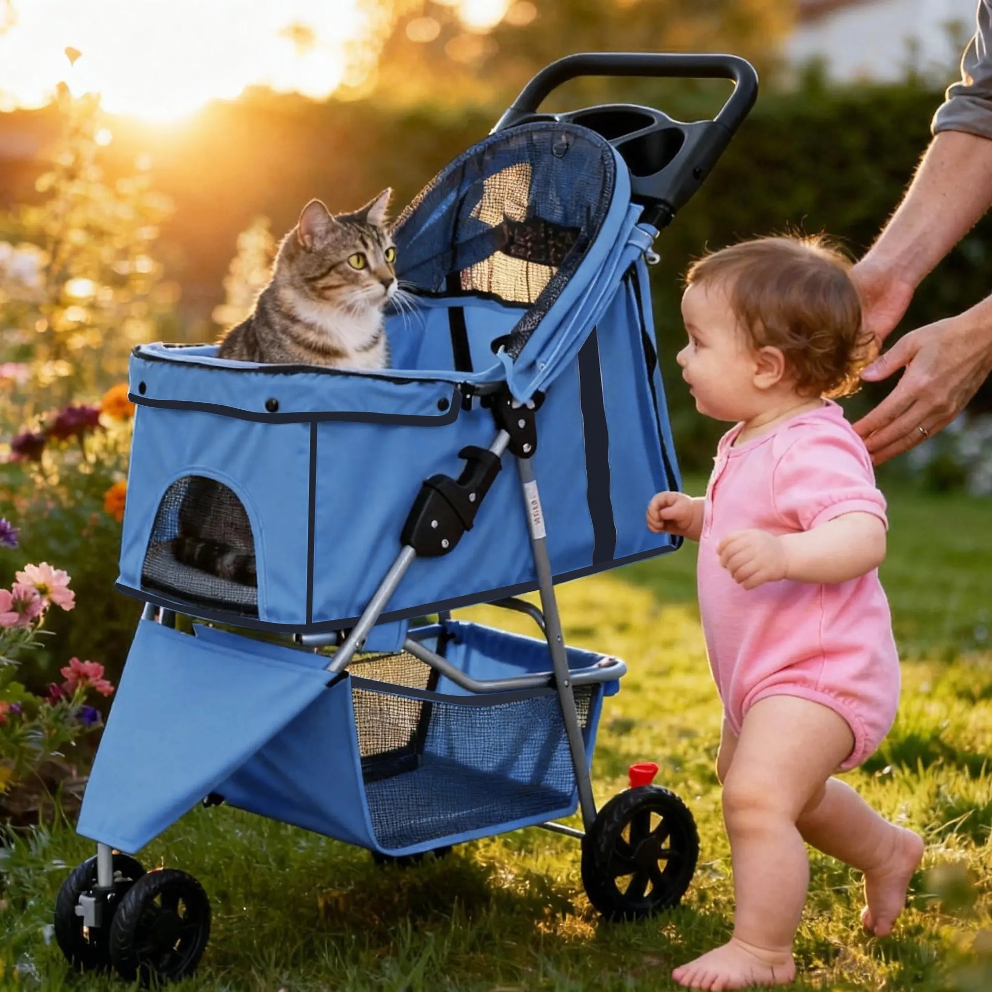 Sweetcrispy 3-Wheel Pet Stroller Dog and Cat Stroller Breathable Mesh Lightweight Travel Carrier Waterproof & Foldable Design Storage Basket Black for Daily Walks & Outdoor Use