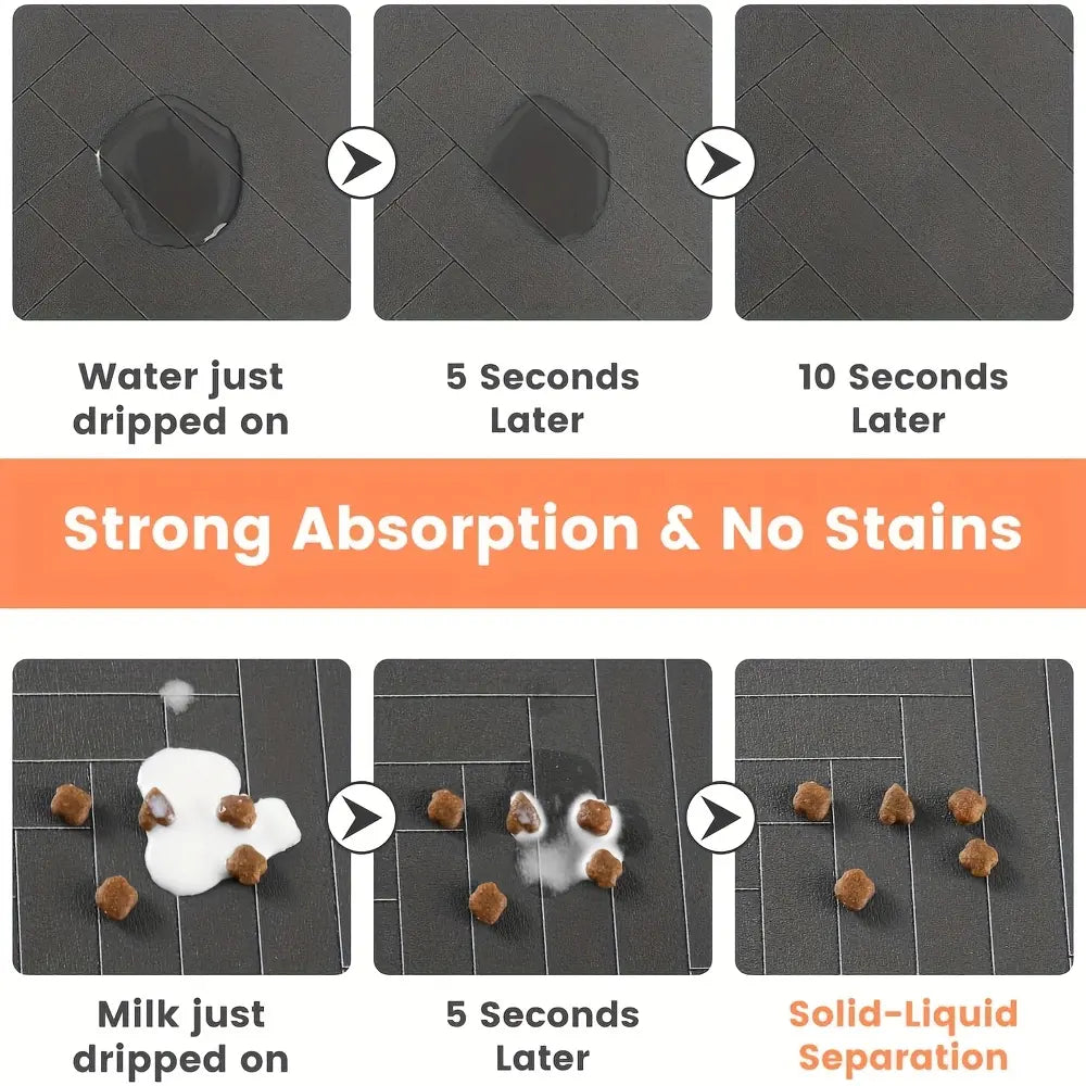 Quick Drying Absorbent Pet Feeding Mat for Dogs and Cats, Non-Slip Rubber Bottom, Dark Polyester Surface for Indoor Use