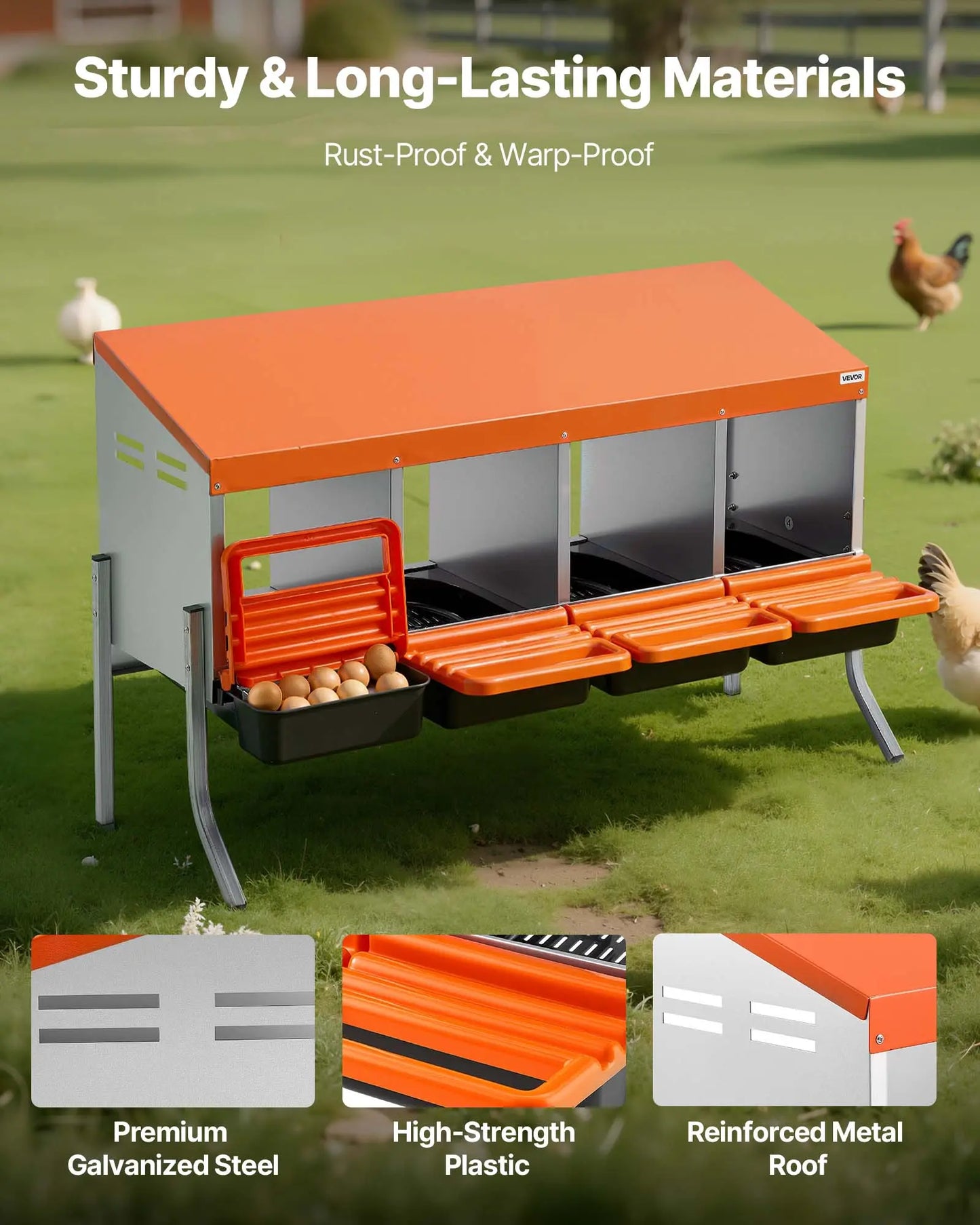 【Summervibes】Vevor Chicken Nesting Boxes, 4 Compartments, with Support Legs, Easy Egg Collection, Galvanized Steel and High-Strength Plastic, Roll Away Nesting Boxes for Chickens and Hens Laying Eggs, Orange