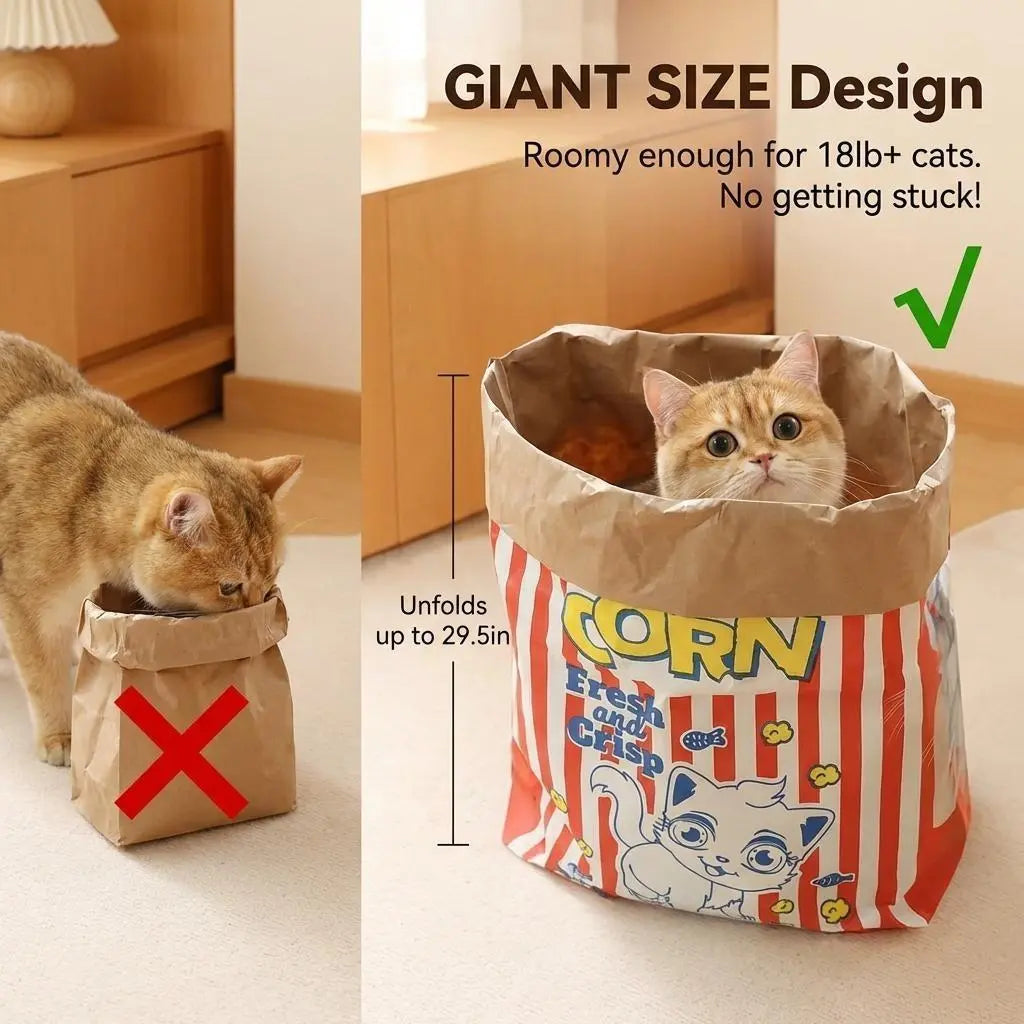Upgrade Cat Crinkle Bag Toy Giant Paper Bag Tunnel for Indoor Cats, Collapsible 29.5 X 13.8 Inch Interactive Hideaway with Crinkle Sound for Kittens, Rabbits, Ferrets