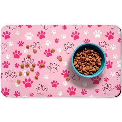 Quick Drying Absorbent Pet Feeding Mat with Paws for Dogs and Cats, Non-Slip Rubber Bottom, Dark Polyester Surface for Indoor Use