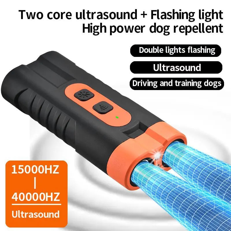New Upgraded Two Headed Sonic Dog Repeller Ultrasonic Bark Stopper Flashlight 2 in 1 Device Rechargeable Portable Pet Barking Control Tool Must Have Pet Essentials for Dog Walkers Pet Lovers