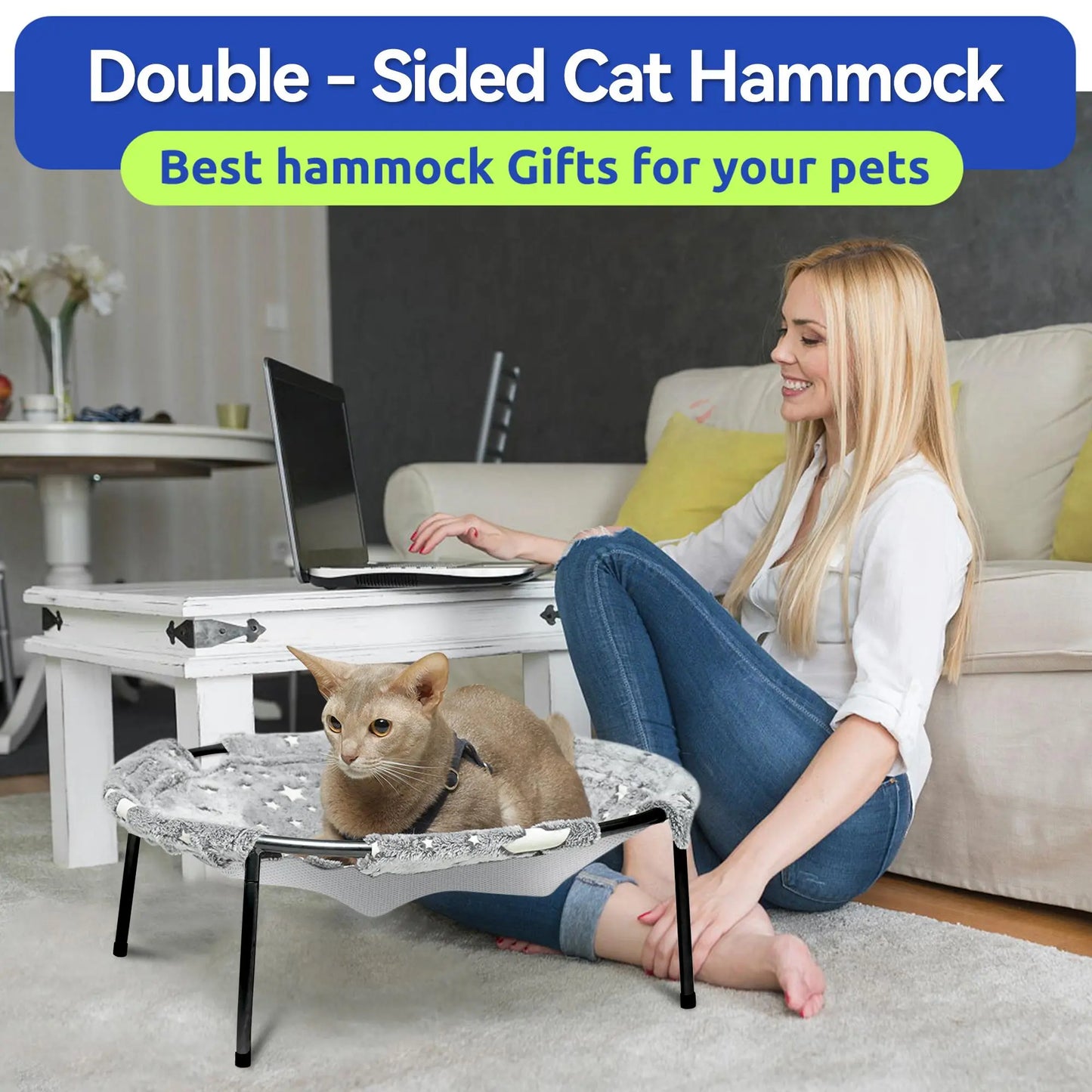 Elevated Cat Hammock Bed, Metal Frame Pet Cot with Dual-Sided Removable & Washable Cover, Breathable Raised Kitty Lounger for Indoor Cats & Small Dogs, No-Tool Assembly