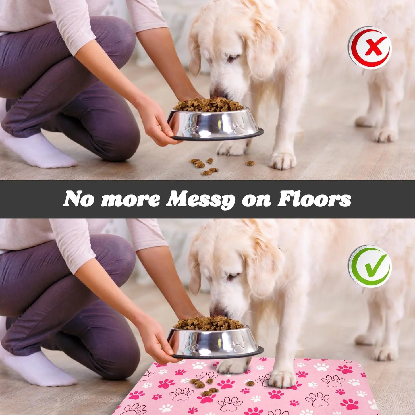 Quick Drying Absorbent Pet Feeding Mat with Paws for Dogs and Cats, Non-Slip Rubber Bottom, Dark Polyester Surface for Indoor Use