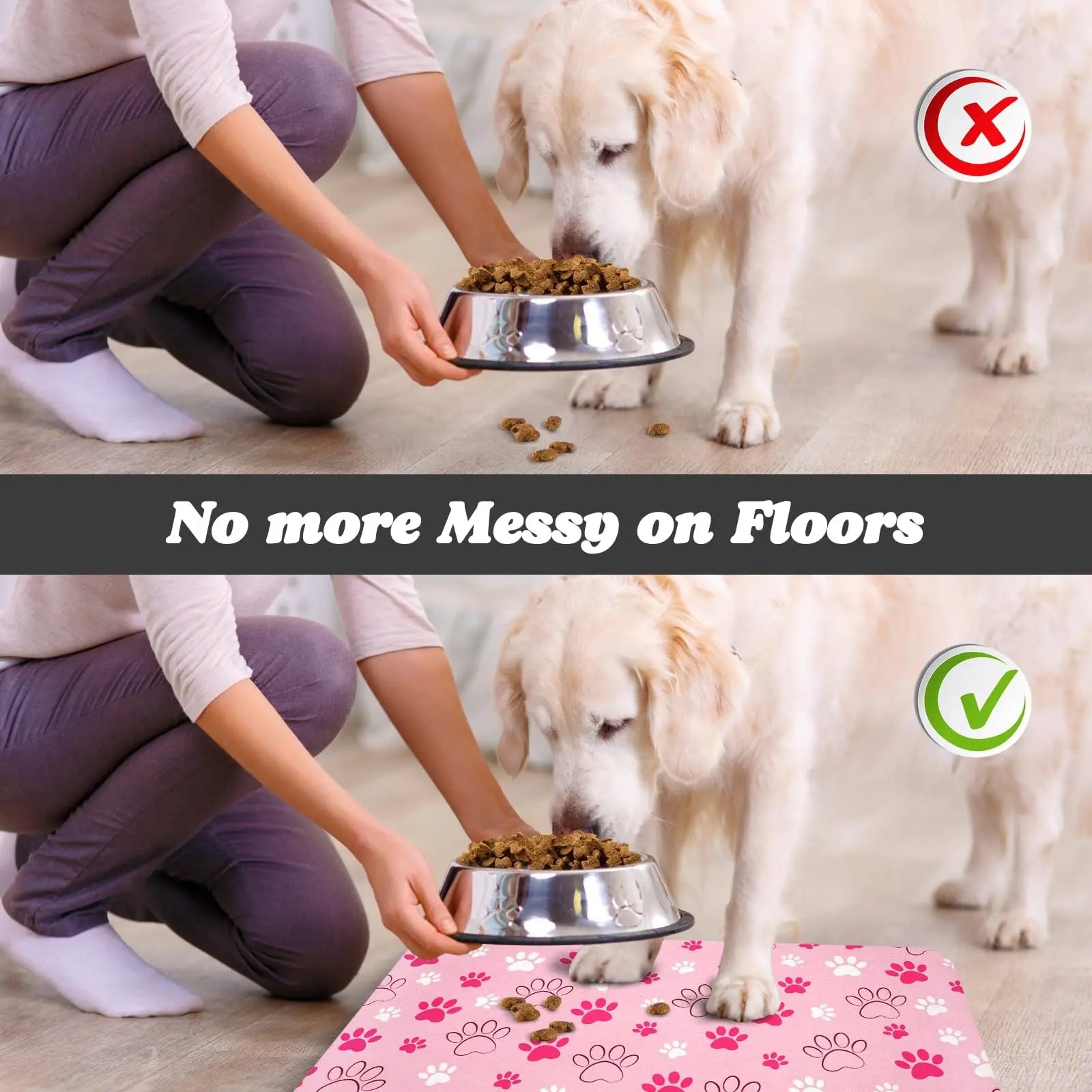 Quick Drying Absorbent Pet Feeding Mat with Paws for Dogs and Cats, Non-Slip Rubber Bottom, Dark Polyester Surface for Indoor Use