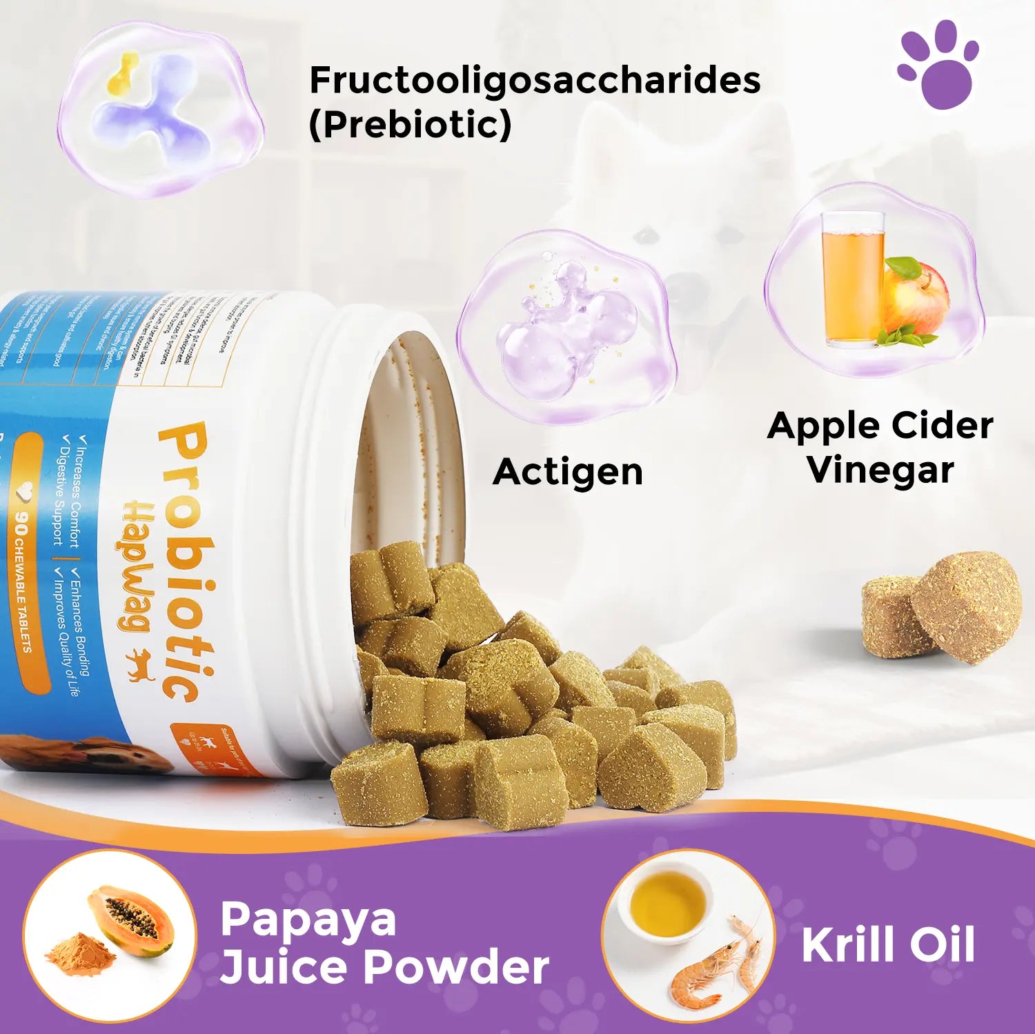 HAPWAG 8-In-1 Probiotics for Dogs - Pork Flavor Chewable Treats, Gut Health, Digestive & Immune Support, Premium-Quality Ingredients, 90 Count Canine Nutritional Supplement