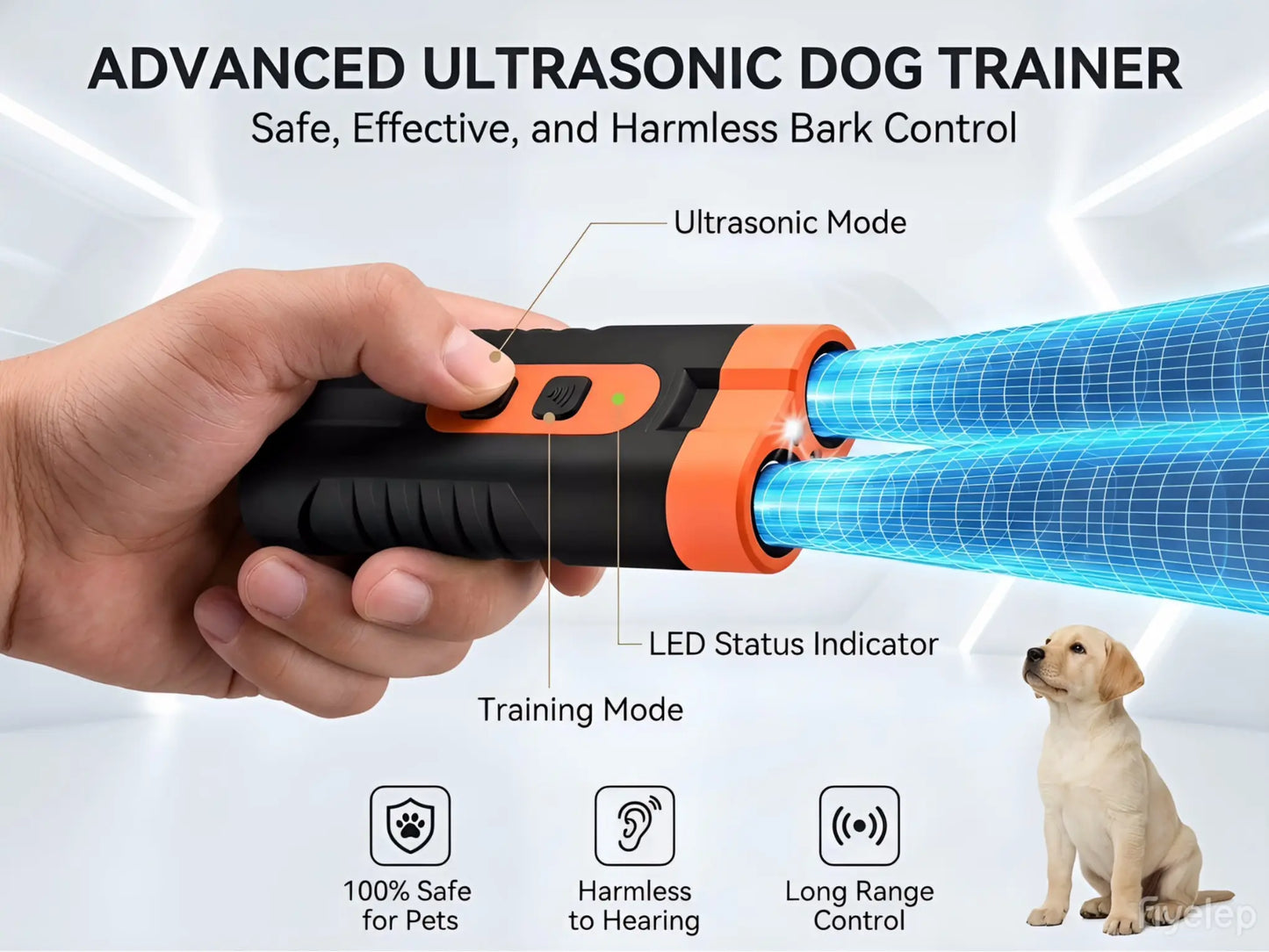 Ultrasonic Dog Barking Deterrent Training Tool - Rechargeable Usb-Charged, Dual Emitter, 50Ft Range, 25Khz Frequency, Flashlight, Portable Grip, Kit Included for Indoor & Outdoor Dog Behavior Control,Summervibes