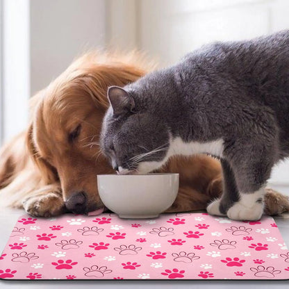 Quick Drying Absorbent Pet Feeding Mat with Paws for Dogs and Cats, Non-Slip Rubber Bottom, Dark Polyester Surface for Indoor Use