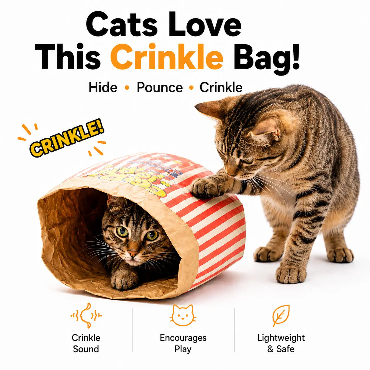 Upgrade Cat Crinkle Bag Toy Giant Paper Bag Tunnel for Indoor Cats, Collapsible 29.5 X 13.8 Inch Interactive Hideaway with Crinkle Sound for Kittens, Rabbits, Ferrets