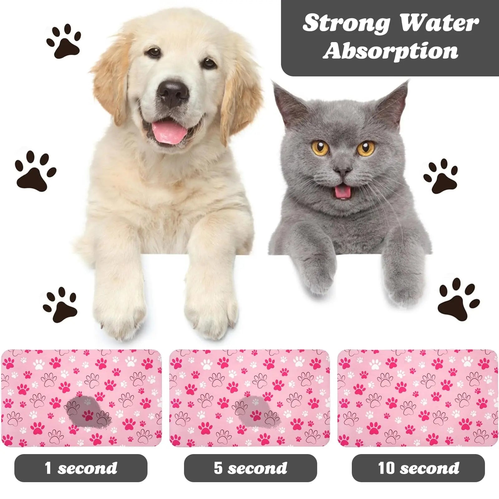 Quick Drying Absorbent Pet Feeding Mat with Paws for Dogs and Cats, Non-Slip Rubber Bottom, Dark Polyester Surface for Indoor Use