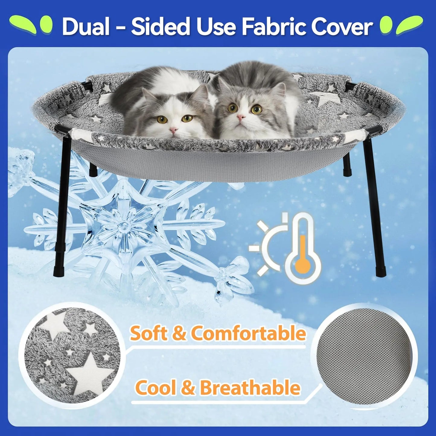 Elevated Cat Hammock Bed, Metal Frame Pet Cot with Dual-Sided Removable & Washable Cover, Breathable Raised Kitty Lounger for Indoor Cats & Small Dogs, No-Tool Assembly