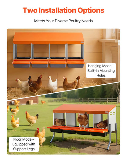【Summervibes】Vevor Chicken Nesting Boxes, 4 Compartments, with Support Legs, Easy Egg Collection, Galvanized Steel and High-Strength Plastic, Roll Away Nesting Boxes for Chickens and Hens Laying Eggs, Orange