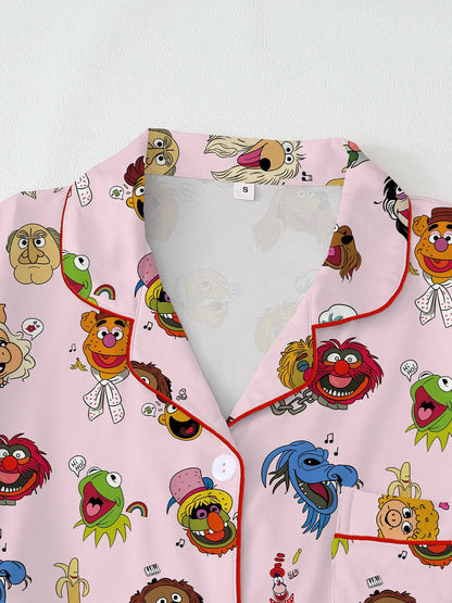 Muppets Cartoon Prints Loose-Fitting Short Sleeve Sleepwear Set, Comfortable All-Season Party Wear, Ideal Gift for Relaxing & Travel