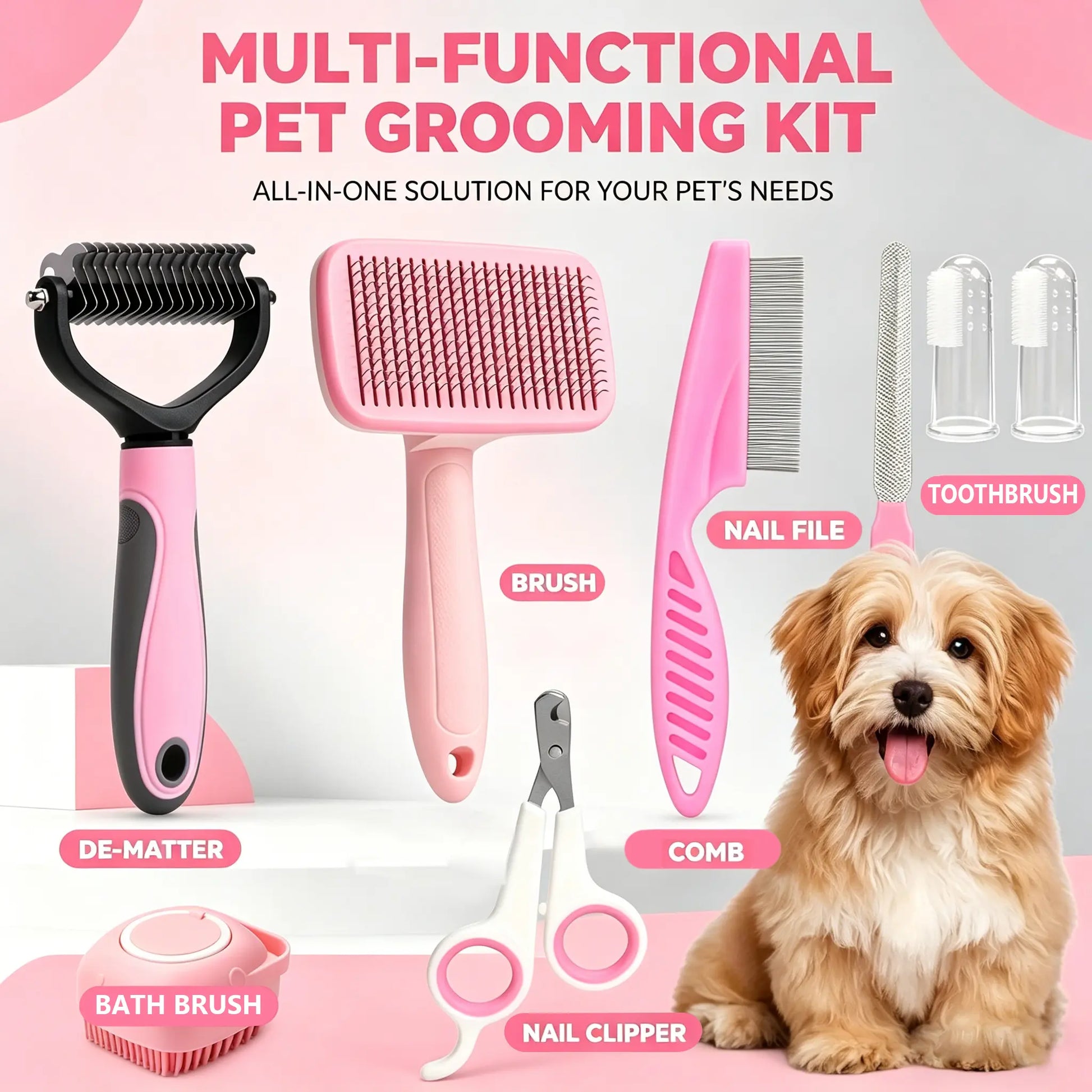 8-In-1 Pet Grooming Kit - Dog & Cat Brush Set with Dematting Comb, Slicker Brush, Nail Clipper & Trimmer - Removes Tangles, Shedding Hair, Dirt & Mats,Your Pet’S Coat Tangle-Free & Shiny, Stress-Free Dog Cat Grooming,Pet Products, Cat Stuff, Dog Stuff, D